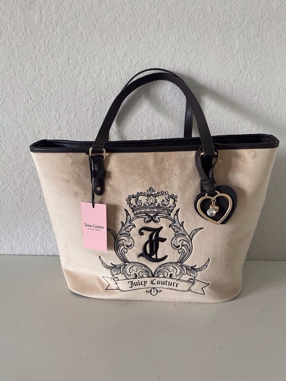 Juicy Couture Need More Juicy Tote In Buff‎ Beige Embroidered W/Charm Retro NEW